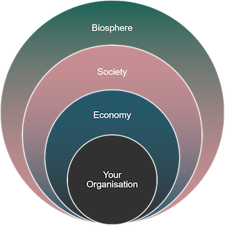 Graphic showing that your organisation in the context of our techno-economy and our society which are both dependent on the biosphere.